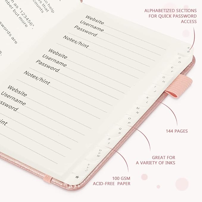 JUBTIC Password Book with Alphabetical Tabs, Small Size Internet Address & Password Keeper Logbook, Password Notebook Journal for Computer & Website Logins, Rose Gold