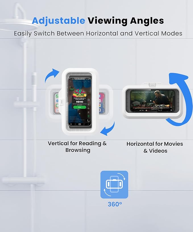 URROY Shower Phone Holder Waterproof One-Touch Open Shower Phone Case Anti-Fog & Sensitive Touchscreen Bathroom Wall Phone Mount Stand Universal Fit for iPhone & Smartphones Gift for Men Women White