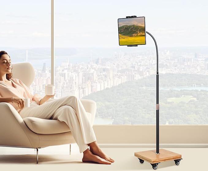 wishacc Tablet Floor Stand for Bed - Gooseneck Tablet Holder Mount with Adjustable Height and 4 Wheels, Compatible with iPad mini Air Pro 12.9/9.7, Galaxy Tab, Kindle, Cell Phones (4.7"-13")