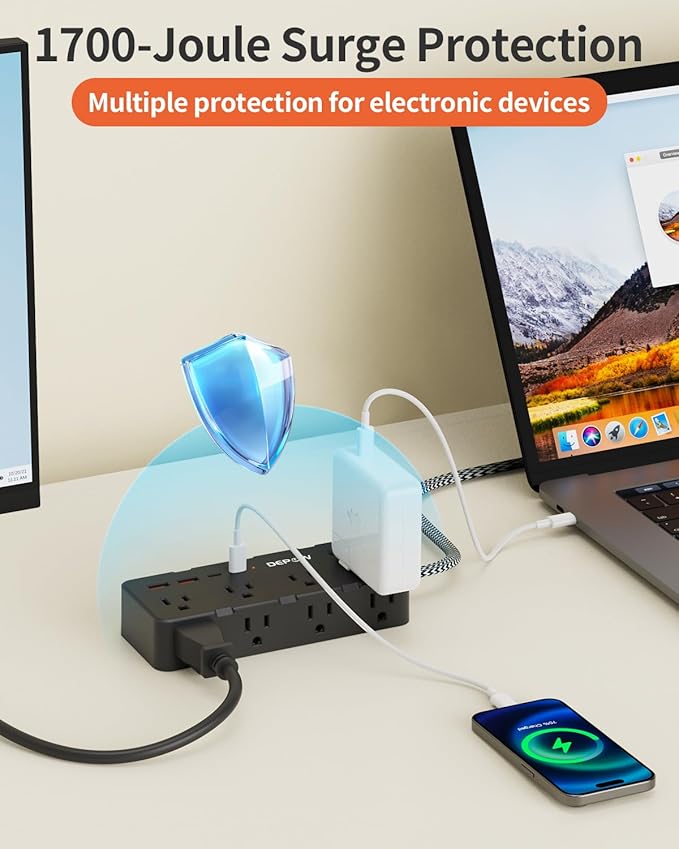 Power Strips with Surge Protection, 5FT Braided Extension Cord with Multiple Outlets-8 AC Outlets 4 USB Ports (2 USB C), Flag Plug, 1700 Joule Surge Protector for Home Office, Black