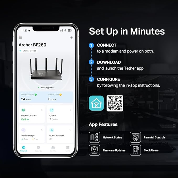 TP-Link Dual-Band BE5000 WiFi 7 Router Archer BE260 | 5-Stream 5Gbps | 1×2.5G WAN+1×2.5GLAN+3×1G Ports, USB 3.0 | 5 External Antennas | VPN Clients & Server | Easy-Mesh, HomeShield, MLO, Private IOT