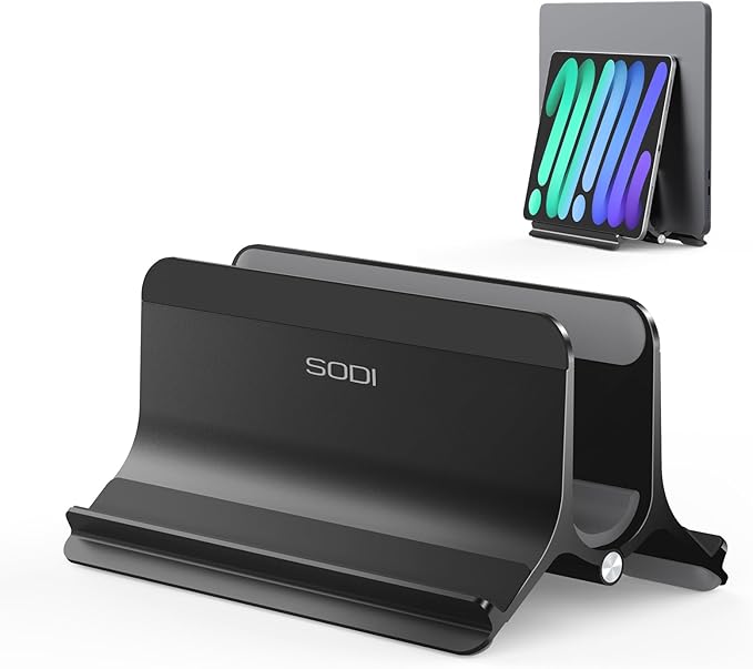 SODI Vertical Laptop Stand Holder for Desk Compatible with MacBook Air, MacBook Pro Stand Vertical Aluminum Up to 17 inch, Gravity Auto-Lock Cooling, 3-in-1 Space Saving Desk Organizer Accessories