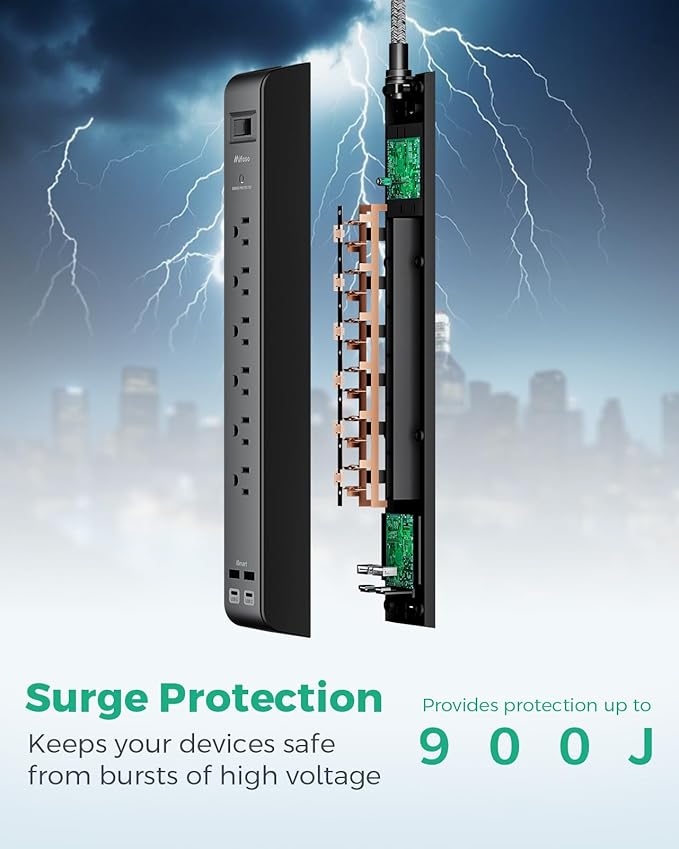 25FT Surge Protector Power Strip - 2 Pack Extension Cord with 6 Outlets 4 USB Ports, Flat Plug, 900 Joules, 15A Circuit Breaker, Wall Mount for Home Office, Dorm Essentials