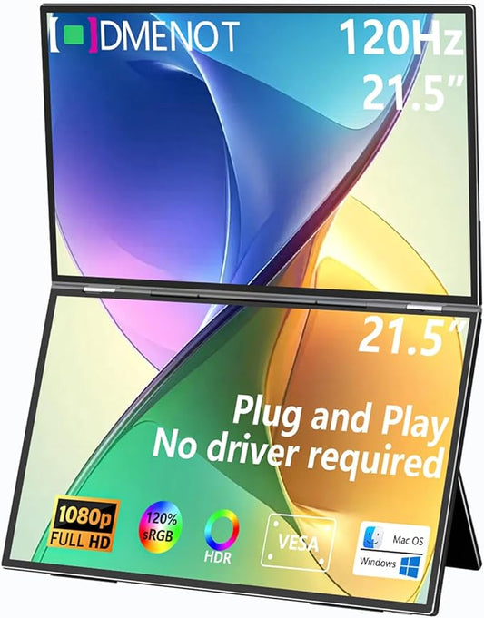 21.5" 120Hz Dual Portable Monitor 120% sRGB 1080P HDR Extender Folding Stacked Display for Windows Mac Work Gaming Office Triple Screens W/Stand & VESA for Laptop PC（No Driver (D215-1080P01)