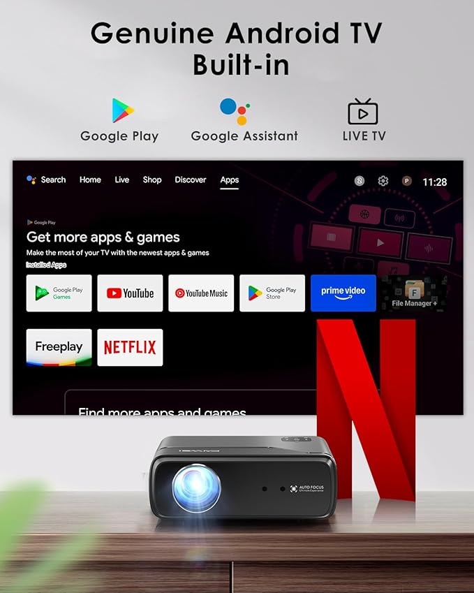 Portable Smart Projector Netflix Officially,AI Auto Focus&Keystone,1200ANSI 4K Support,WiFi6+2.4/5G WiFi,Two-way Bluetooth,Dolby Audio,HDR10,Android TV 11.0,Google Assistant,Home Theater Outdoor Movie