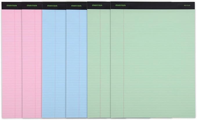 Mintra Office Legal Pads, ((Basic 6pk - (Pastel Version #3), 8.5in x 11in, Narrow Ruled)) - Includes 2 Blue Writing Pads, 2 Pink Writing Pads and 2 Green Writing Pads