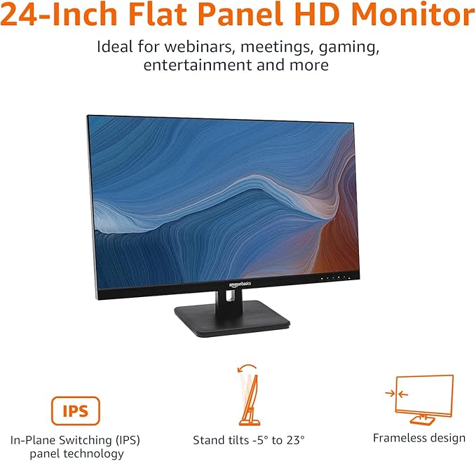 Amazon Basics 24-inch IPS Monitor 75 Hz Powered with AOC Technology FHD 1080P HDMI, Display Port and VGA Input VESA Compatible Built-in Speakers for Office and Home, Black