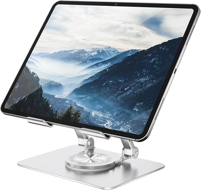 Tablet Stand Adjustable with 360° Swivel Base Aluminum Tablet Stand Holder for iPad/Samsung/iPad Pro Air Mini/Galaxy/Switch, Sliver