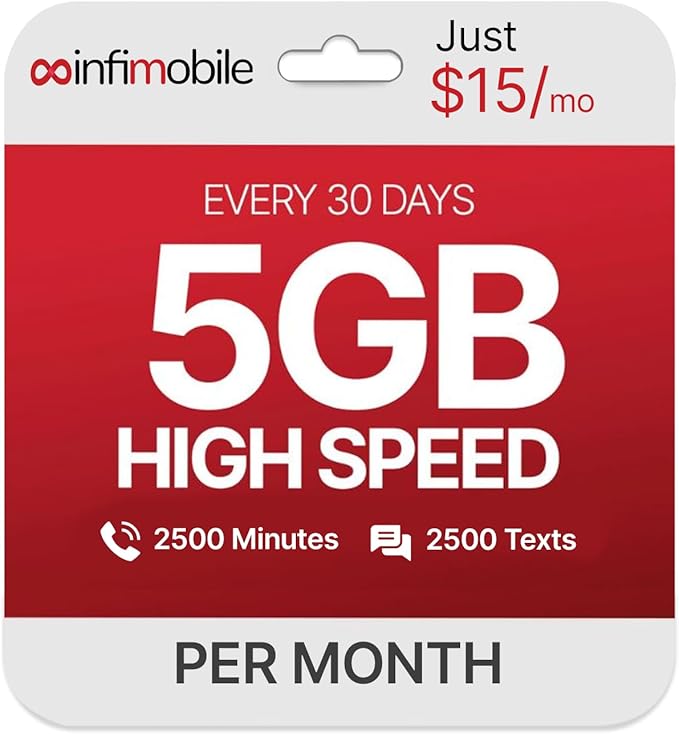 $15/Month | Infimobile Prepaid Plan: 1 Months| 5GB High-Speed Data Per Month | 2500 Minutes and 2500 Text| Prepaid Plan Service SIM Card | Nationwide Coverage | 4G, 5G T-Network