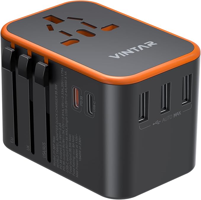Universal Travel Adapter, VINTAR 35.5W International Power Adapter with 3 USB A QC and 2 USB C PD, All in One Plug Adapter Worldwide Travel Essentials for EU/UK/USA/AUS(Type C/G/A/I), Orange