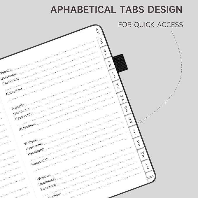 Password Book with Alphabetical Tabs – Hardcover Internet Address & Password Organizer – Password Keeper Notebook for Computer & Website – 7 x 10" Log-in Password Journal w/Thick Paper (Black)