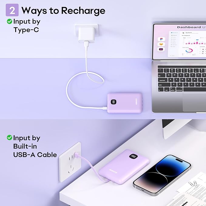 Portable Charger 10000mAh Power Bank with Digital Display, External Battery Pack with Built-in Cables, Ultra-Compact USB-C in&Out Travel Essential for iPhone, Android, Samsung etc (Purple)