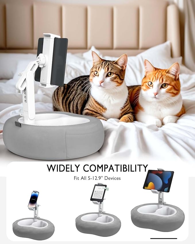 Tablet Pillow Stand, Compatible with 5"-12.9" Kindle, iPad, Phone/Tablet, Google, Samsung, 360° Rotating Phone Holder for Bed, Soft Plush Fabric, Detachable Bowl, Reading and Relaxation on Bed, Gray