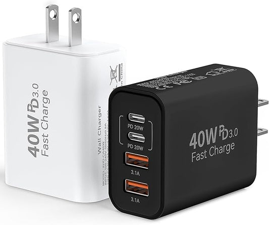 USB C Wall Fast Charger Block, 40W 4-Port Type C Chargers Fast Charging Blocks PD Power Charger Adapter+QC 3.0 USB Multiport Charger Brick for Phone 17/16/15/14/13/12 Pro Max, i-Pad, Galaxy S25-2Pack
