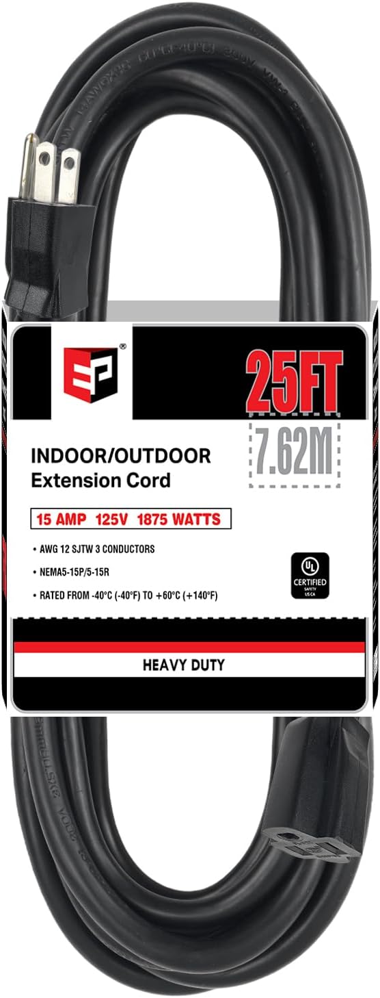 EP 25 Ft Outdoor Extension Cord - 12/3 SJTW Heavy Duty Black Extension Cable with 3 Prong Grounded Plug - Power Cord for Lawn, Garden, Appliances