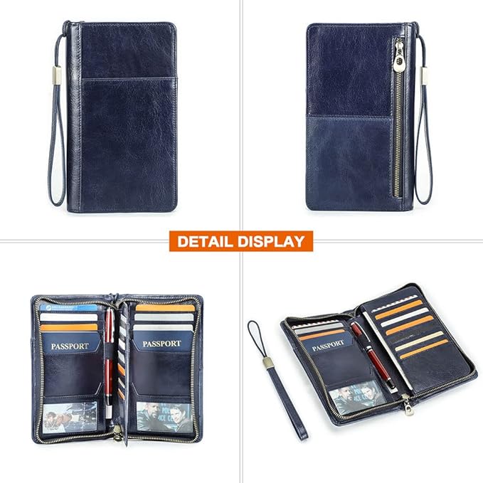 CONTACTS Passport Wallet Leather Family Passport Holder for 4 Travel Documents Organizer RFID Blocking Zipper Blue Card Wallet with 13 Card Slot