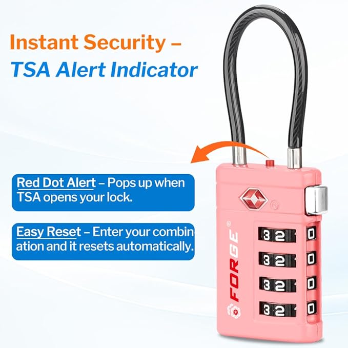Forge TSA Approved Luggage Locks 4 Digit Combination TSA Travel Locks with TSA008, Open Alert Indicator, Zinc Alloy Body for Luggage, Suitcase, Backpack, and More.4 Colors 4 Locks with Pink.