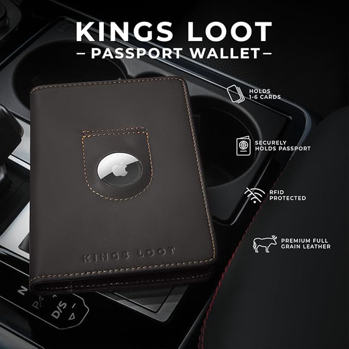 Kings Loot Passport Holder Wallet – RFID Blocking Leather Travel Wallet with Built-in Airtag Holder – Holds 1-6 Cards & Passport – Easy Pull Tab – Slim & Stylish Wallets (Truffle/Premium Engraved)