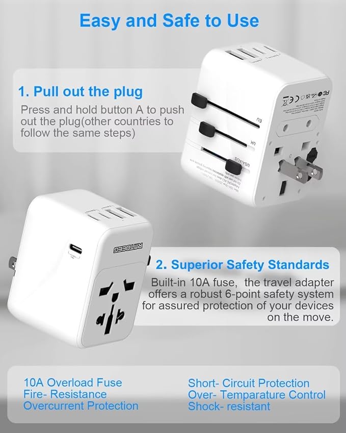 International Power Plug Adapter, Rmtbeeg Universal Travel Adapter with 3 USB-C and 2 USB-A Ports, All-in-One Worldwide Wall Charger for Europe UK EU AUS (Type C/G/A/I), Plug Adaptor Travel