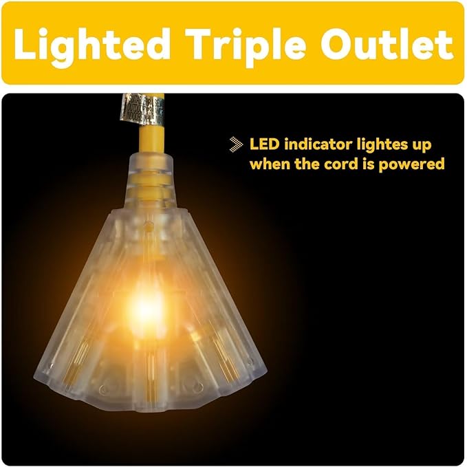 EP 15 Ft 12 Gauge Heavy Duty Extension Cord, 15A 125V 1875W, 3 Outlet Indoor/Outdoor Power Cord with Lighted End, 12/3 SJTW Weatherproof Yellow, UL Listed