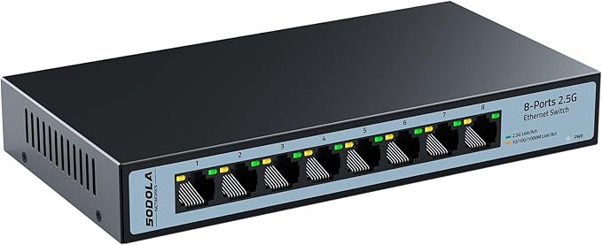【Upgrade】 SODOLA 8-Port Unmanaged 2.5G Switch| 8 x 2.5GBASE-T Ports,60Gbps Switching Capacity, Plug & Play,Fanless Homelab 2.5Gb Network Switch