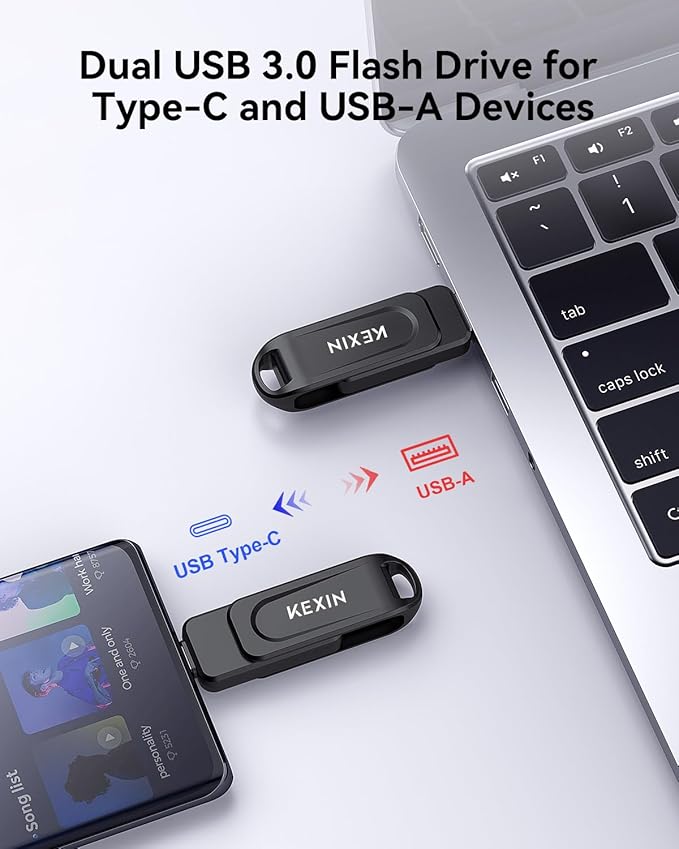 KEXIN 128GB USB C Flash Drive Dual Thumb Drive 100MB/s Swivel USB-A & Type-C USB Drive 3.0 Memory Stick for Smartphone Tablet iPhone 15/16 Car Game Console, 128GB Black