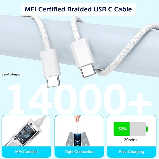 10FT iPhone 16 Charger Fast Charging,Apple Fast Charger 2Pack USB C Charger Block PD Type C Wall Adapter with 10Foot USB C to USB C Braid Woven Cable Charging for iPhone 16/16 Pro/16 Pro Max/15/iPad