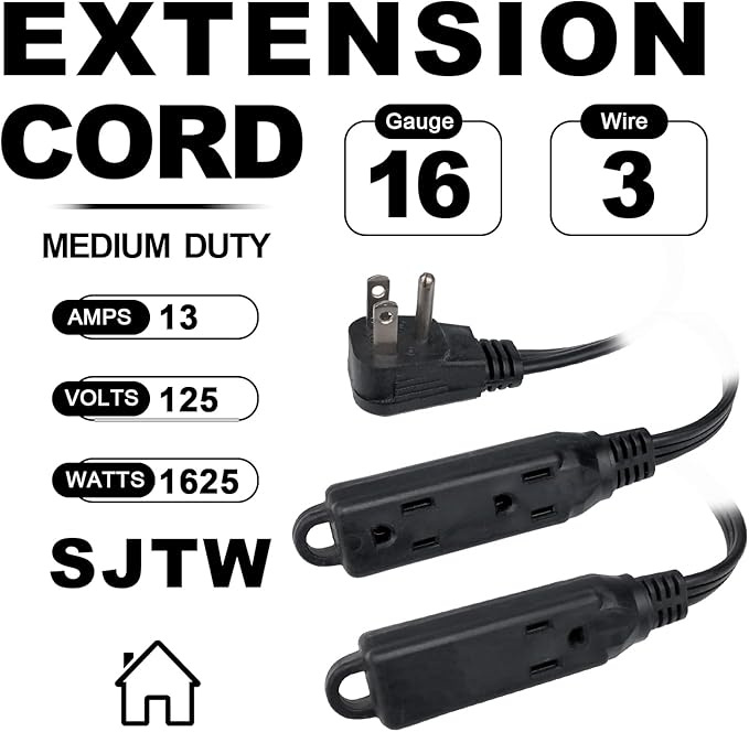 EP 6 Ft 3 Outlet Extension Cord with Flat Plug, 3 Prong Grounded, 16/3 SPT-3 Power Cable for Indoor Use, Black, 2 Pack