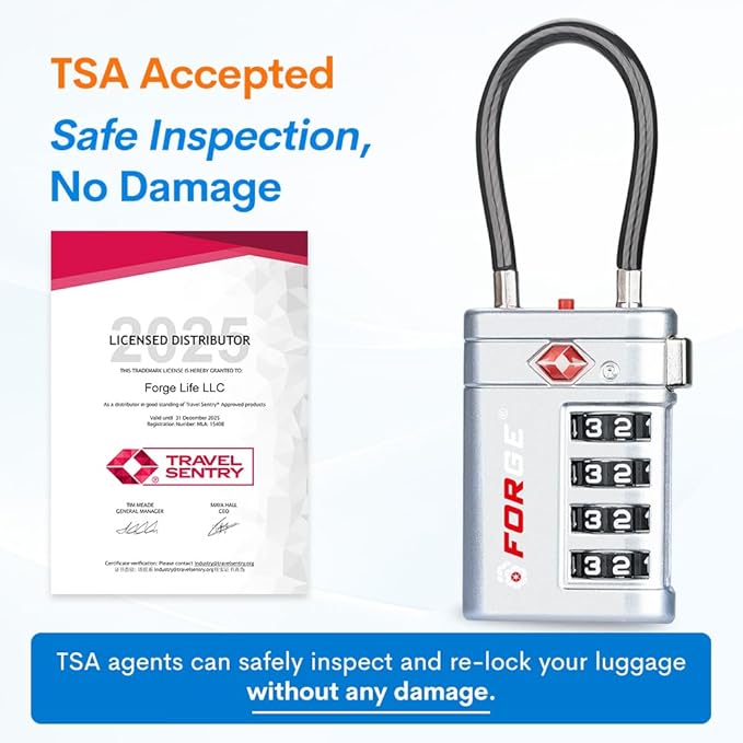 Forge TSA Approved Luggage Locks 4 Digit Combination TSA Travel Locks with TSA008, Open Alert Indicator, Zinc Alloy Body for Luggage, Suitcase, Backpack, and More. Silver 2 Locks.
