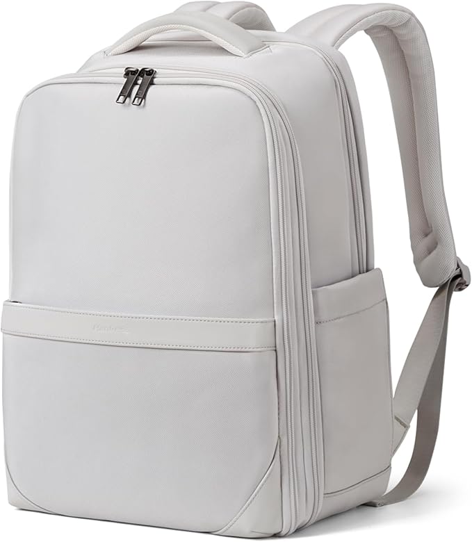 Hanke Expandable Travel Backpack 16 Inch, Full-Open Laptop Backpack Fits 15.6 Inch, Carry On Personal Item Bag with Luggage Strap, Business Work Backpack for Women Men, Greyish White