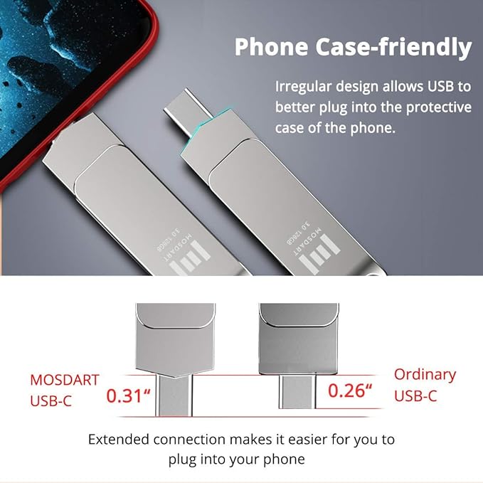 MOSDART 128GB USB3.1 Fast Speed C and A Dual Flash Drive, exFAT Memory Stick with Keychain Loop, for iPhone 15 and 16, Android Phone, iPad, MacBook, Silver(Pack of 2)