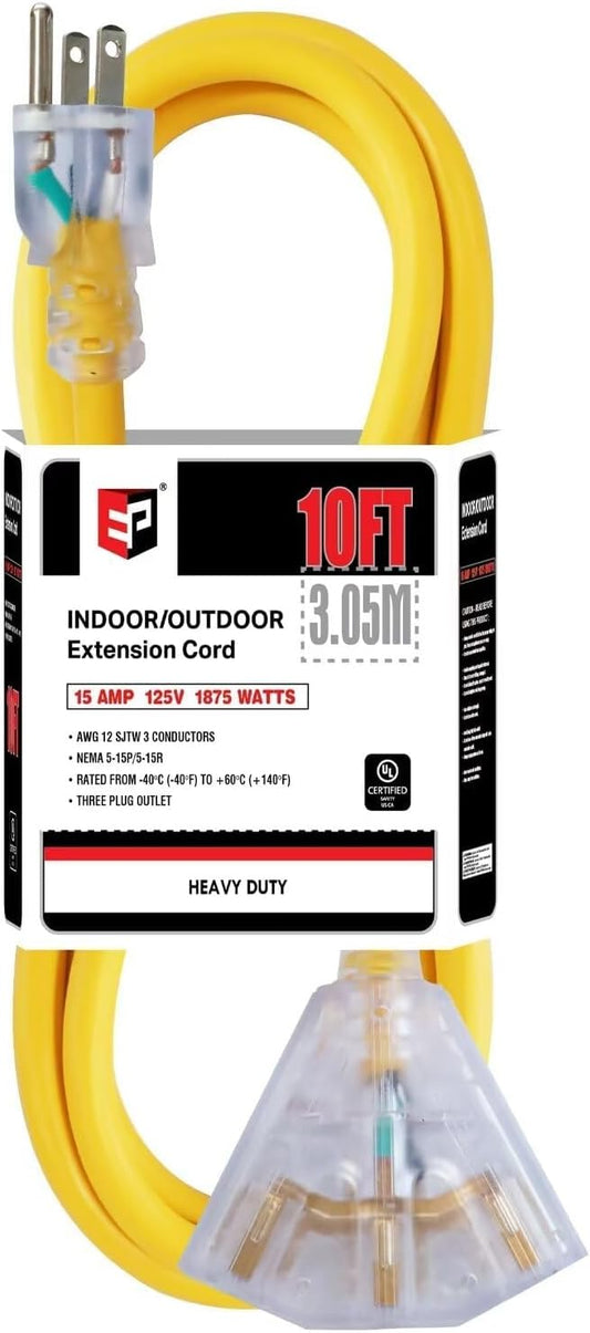 EP 10 Ft 12 Gauge Heavy Duty Extension Cord, 15A 125V 1875W, 3 Outlet Indoor/Outdoor Power Cord with Lighted End, 12/3 SJTW Weatherproof Yellow, UL Listed
