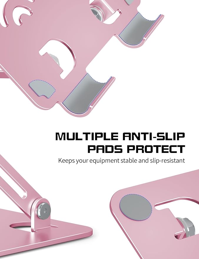 Adjustable Tablet Stand for Desk, Premium Aluminum Holder for iPads, Tablets, Kindles, Switch, Phones, and All Devices up to 12 Inches. Portable and Foldable, Pink, Pro Size