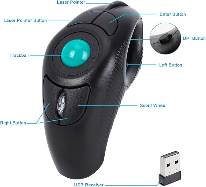 welspo Wireless USB Handheld Finger Trackball Mouse with Laser Pointer