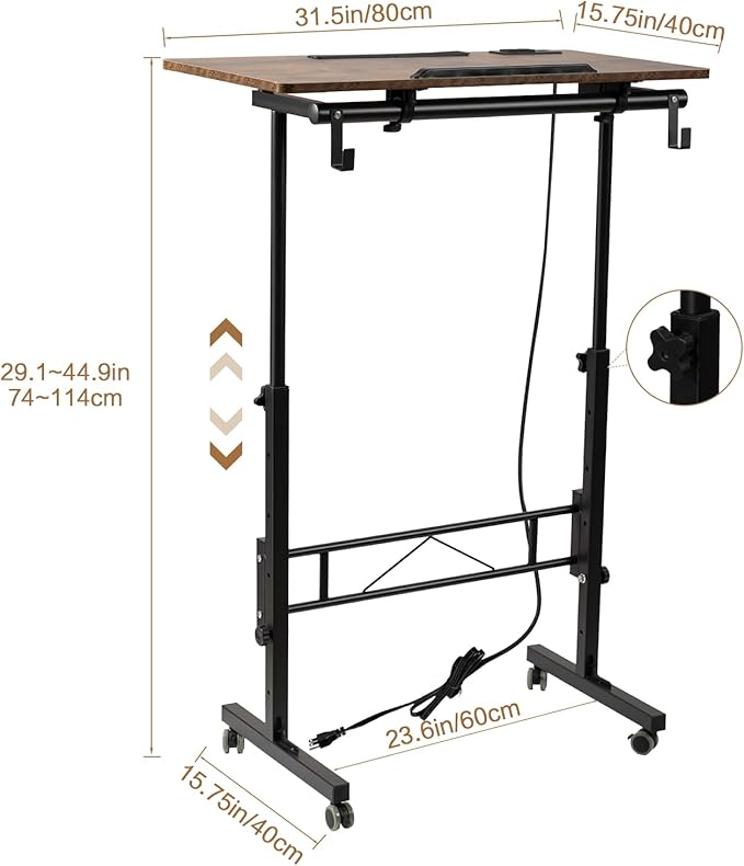 SIDUCAL Standing Desk Height Adjustable with Tiltable Tabletop, Rolling Laptop Desk with Charging Station, Sit Stand Portable Stand Up Desk with Wheels, Rustic Brown