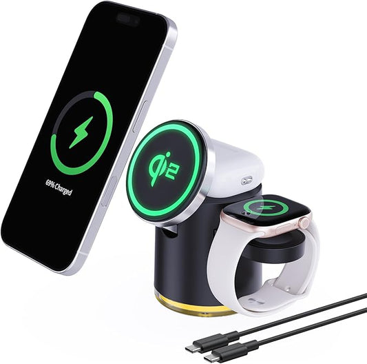 3 in 1 Wireless Charging Station,Qi2 Certified 15W Magnetic Wieless Charger with Night Light,for iPhone 12-17 Series,Apple Watch,Airpods (Black)