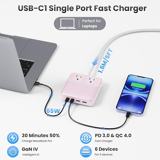 USB C Charger Block,135W GaN IV Fast Charging Station Hub,6-in-1 USB C Power Strip with Flat Plug and 5ft Cord,2 AC,2 USB A,2 USB C,PD 65W Laptop Charger for MacBook Air/Pro,iPhone16/15,Samsung-Pink