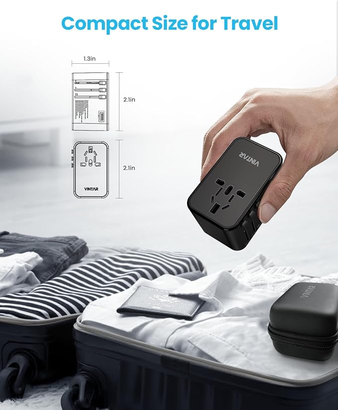 Universal Travel Adapter, VINTAR 75W GaN International Power Adapter with 3 USB C PD and 2 USB A QC, All in One Travel Essentials for UK/EU/USA/AUS, Travel Adapter Worldwide for Laptops Phones, Black