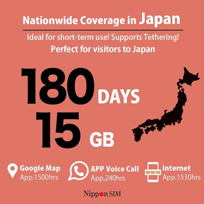 [eSIM] Japan eSIM 180 Days Data Only SIM | 15GB High-Speed 4G LTE + Unlimited Data at Reduced Speed | No Roaming Needed for Faster, Safer Access | Hotspot tethering Supported | Docomo | Made in Japan