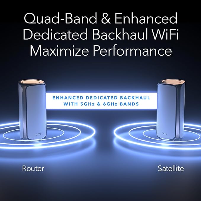 NETGEAR Orbi 970 Series Quad-Band WiFi 7 Mesh Network System (RBE973S), Router + 2 Satellite Extenders, Security Features, Up to 27Gbps, Covers Up to 10,000 sq. ft., 200 Devices, 10 Gig Internet Port