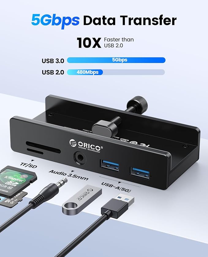 ORICO USB Hub 3.0, Clamp USB Hub with Extra Power Port, Aluminum USB C Adapter with 2 USB-A Data Ports,3.5mm AUX, SD/TF Card Reader for Desktop(Black)