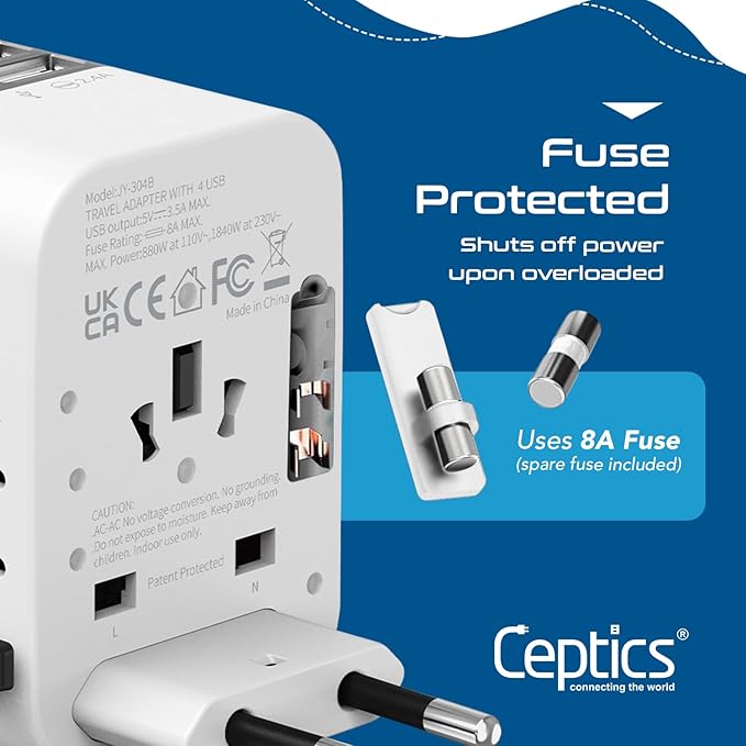 Ceptics Universal Travel Adapter Plug World Power W/ 4 USB Ports - Charge Cell Phones, Smart Watches, iPhones - For International Europe, China, UK, UAE, Australia - Type A, C, G, I