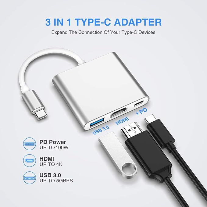 USB C to HDMI Adapter, 4K USB Hub with 100W PD Charging, USB-A 3.0 Port, Multiport Adapter for MacBook, Chromebook, iPad, Surface, TV, Monitor, and More