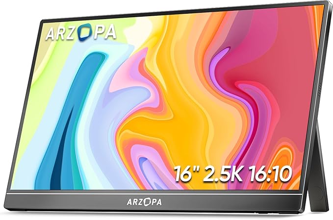 ARZOPA 16" 2.5K Portable Monitor, 2560x1600 QHD IPS Display 123% sRGB with Built-in Stand USB-C HDMI Eye Care External Second Screen for Mac Laptop Phone PS4/5 Xbox Switch -Z1RC