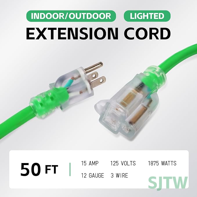 EP 50Ft Outdoor Extension Cord, 12/3 SJTW Heavy Duty Waterproof Power Cable, 3 Prong Grounded Plug, Lighted End, for Lawn, Garden, Appliances, Green