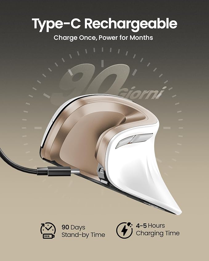 ProtoArc Ergonomic Mouse, EM11 NL Bluetooth Rechargeable Wireless Vertical Mouse, 3 Multi-Device Connectivity for Computer/PC/Laptop, 2.4GHz Optical Mice for Windows, Mac OS, White Gold