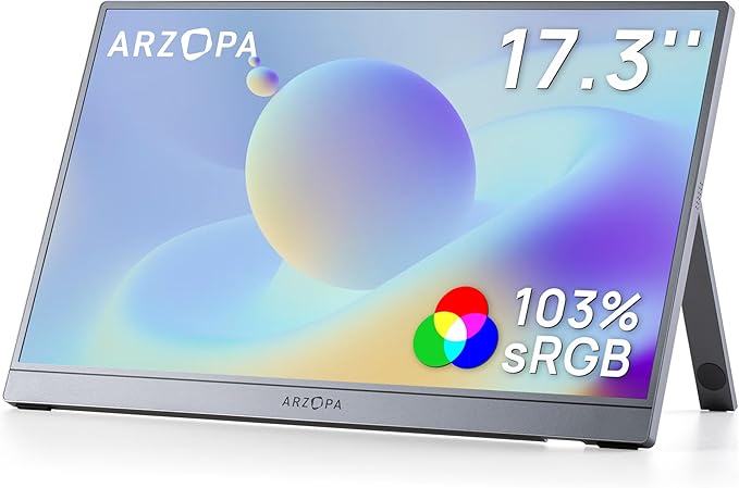 ARZOPA 17.3" Portable Monitor Gray, 1080P FHD 103% sRGB IPS Gaming Monitor Laptop Monitor with Built-in Kickstand HDMI USB C External Screen for PC Mac Phone Xbox PS5 - Z1C Plus