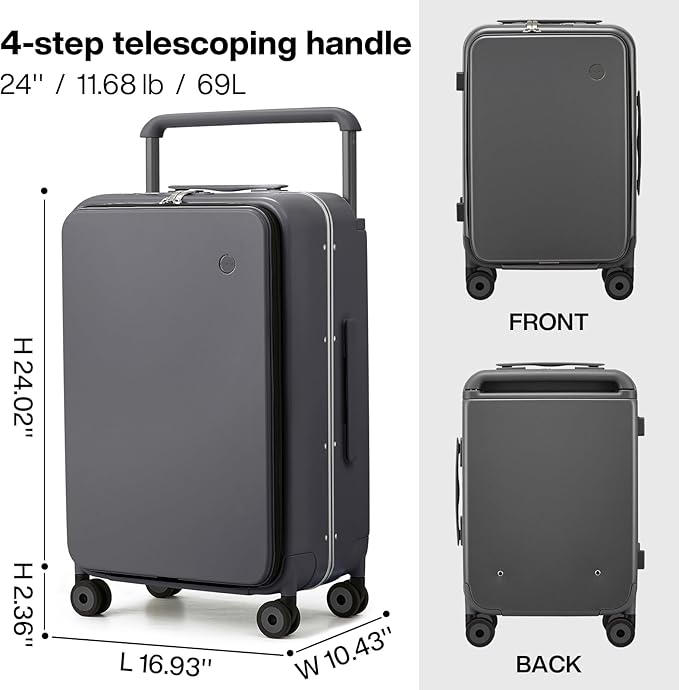 mixi Checked Luggage Wide Handle Luxury Design Rolling Travel Suitcase PC Hardside with Aluminum Frame Hollow Spinner Wheels, with Cover, 24 inch, Rock Grey