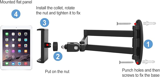 Tablet Wall Mount with Adjustable Long Arm Hinge 360° Swivel Bracket for 4.7 to 12.9 inch Tablet or Phone（Black）
