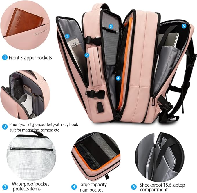 BANGE 35L Travel Backpack for Women, Carry On Backpack with USB Charging Port,17.3 Inch Laptop Backpack Flight Approved, College School Bag Casual Daypack for Weekender Business Hiking…